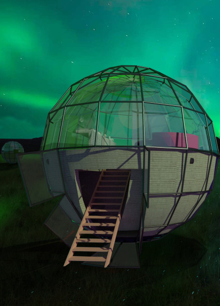 Holonomic Guesthouses Featuring Transparent Panels and Natural Aesthetics for Aurora Observation