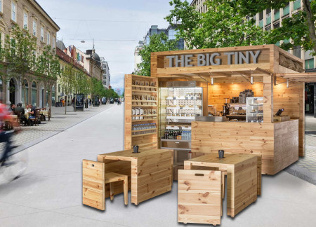 Recyclable Pine Structure with Stainless Steel Service for Urban Coffee Kiosk
