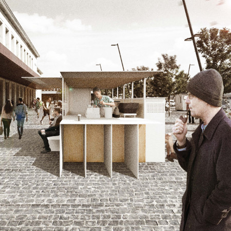 Retractable Shutters and Birch Plywood in a Compact Urban Caf&eacute;