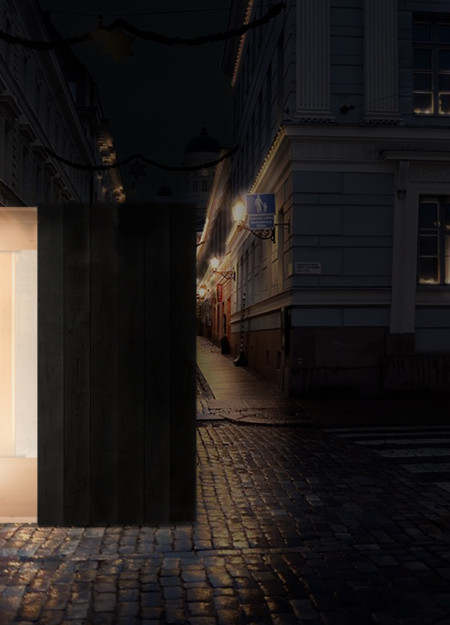 Hydraulic-Operated Kiosk with Glazed Facade and Black Wood Finish