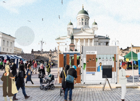 Operable Louvers Define a Compact Social Space in Urban Setting