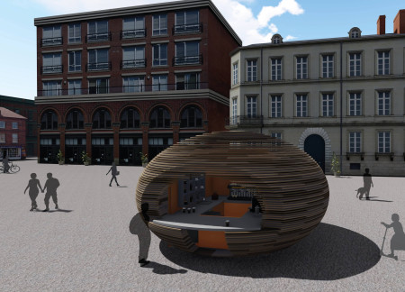 Height-Adjustable Kiosk Featuring Plywood and Public Engagement