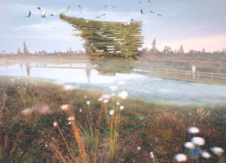 Habitat Tower Constructed with Wood Lumber and Natural Camouflage for Bird Observation