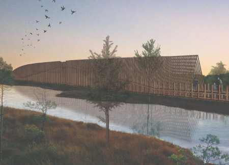 Dynamic Pavilion with Wood Slats Overlooking Wetland Ecosystem