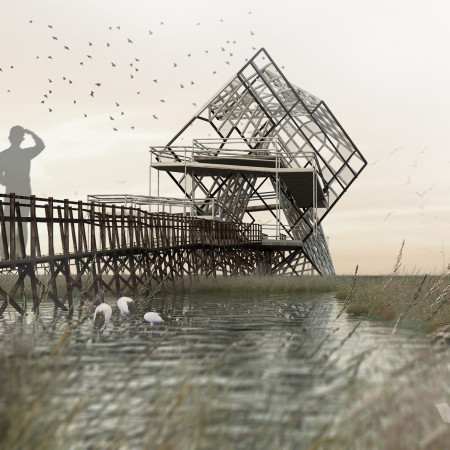 Elevated Boardwalk Constructed from Spruce and Aluminum in a Natural Landscape