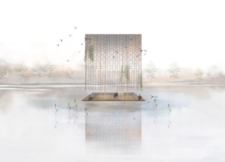 Observation Tower Framed by Double T Pillars and Integrating a Natural Aviary