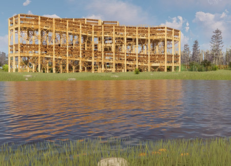 Birch Facade Tower Emphasizing Natural Materials and Observational Experience