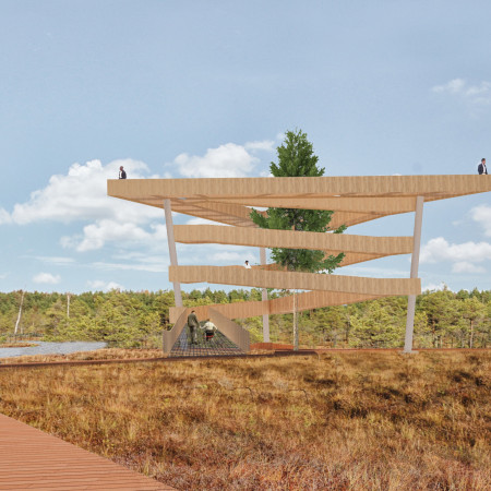 Triangular Observation Tower Embracing Pine and Greenery in a National Park