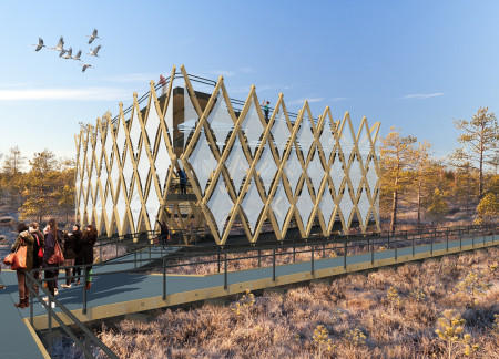 Triangular Pavilion Crafted from Glue Laminated Pine in Biodiverse Wetlands