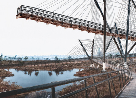 Elevated Platforms Crafted from Reclaimed Wooden Blocks Overlooking Natural Terrain