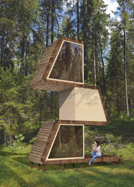 Rainwater Harvesting Cabin of Recycled Spruce Surrounded by Nature
