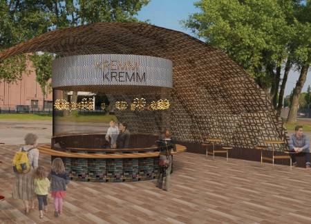 Translucent Shell Canopy with Metal Grid Frame for Flexible Public Interaction