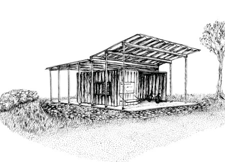 Corrugated Roof and Plywood Structure Offering Community Shelter for Travelers