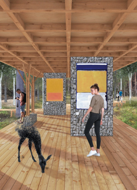 Gabion Walls and Pine Wood Blend in a Visitor Center Emphasizing Local Biodiversity