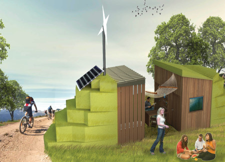 Curvilinear Cabins with Green Roofs Crafted from Cross-Laminated Timber and Charred Shingles Along Cycling Routes