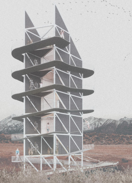 Elevated Steel Framework with Corrugated Metal for Cyclist Amenities