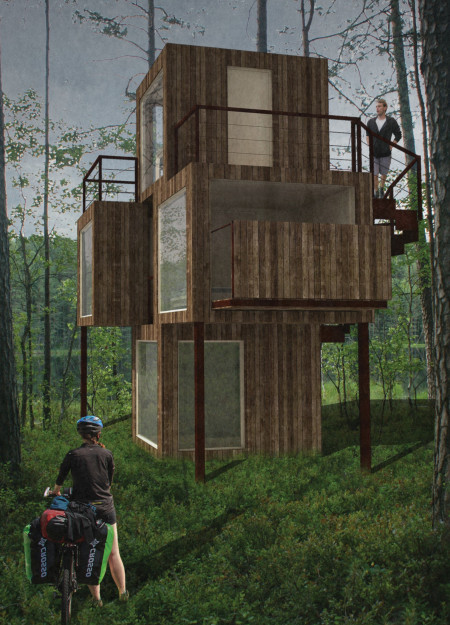 Wooden Cabins with Terraces Provide Comfort for Cyclists Along Scenic Route