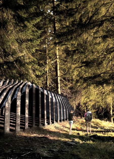 Charred Wood and Laminated Timber Understatement for Rest Stops in a Forest Setting