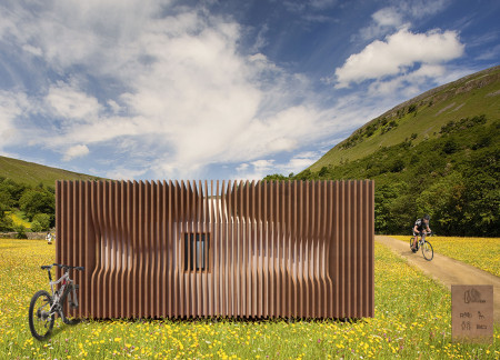 Curved Wooden Panels Enhancing Rest Cabin Experiences Along Cycling Routes