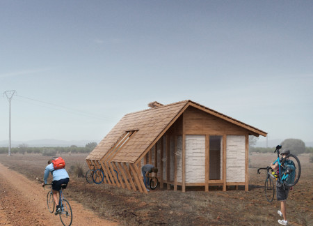 Mycelium Bricks and Pine Timber Create Sustainable Rest Stops for Cyclists