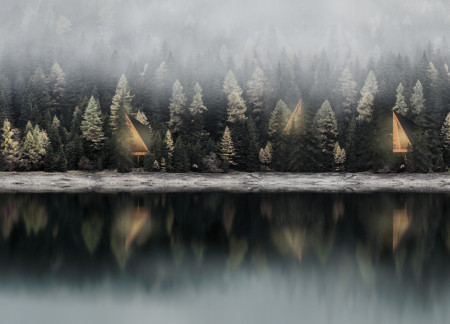 Pine Structures Elevated over Nature with Polystyrene Insulation for Reflective Meditation