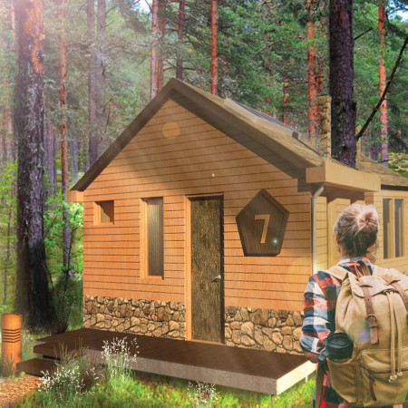 Geometric Trails and Modular Cabins in a Timber Retreat