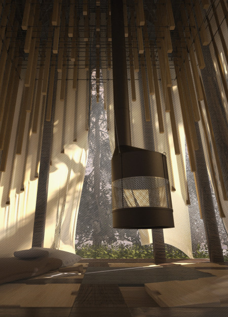 Canvas Barriers and Vertical Members Enhance Reflection in a Forest Cabin