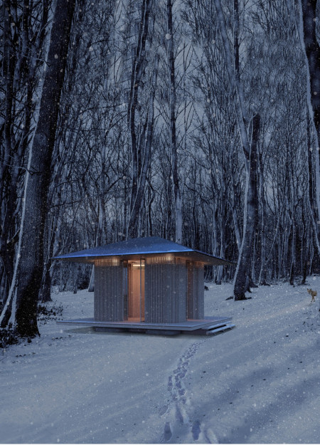 Nature-Integrated Cabin with Ondul Heating and Movable Walls for Mindful Living