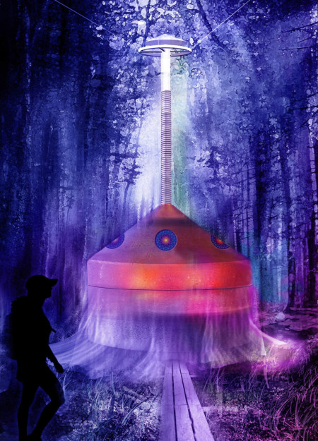 Rotating Ceiling and Colored Glass Enhance Introspection in Small Cabin