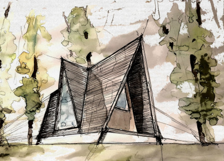 Weatherproof a-Frame with Wooden Tiles and Compact Living Solutions