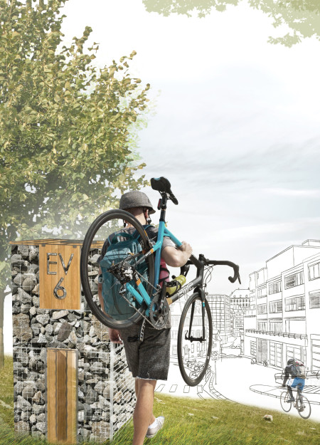 Gabion Stops for Cyclists Enhanced by Natural Stone and Wood Elements