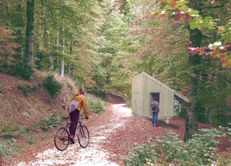 Rainwater Collection and Solar Panels in a Compact Timber Cabin for Cyclists