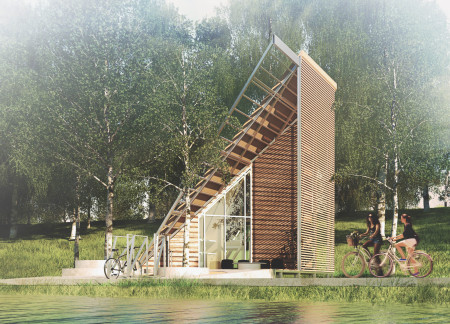 Elevated Structure with Cross-Laminated Timber and Integrated Rainwater Collection Along Cycling Trails