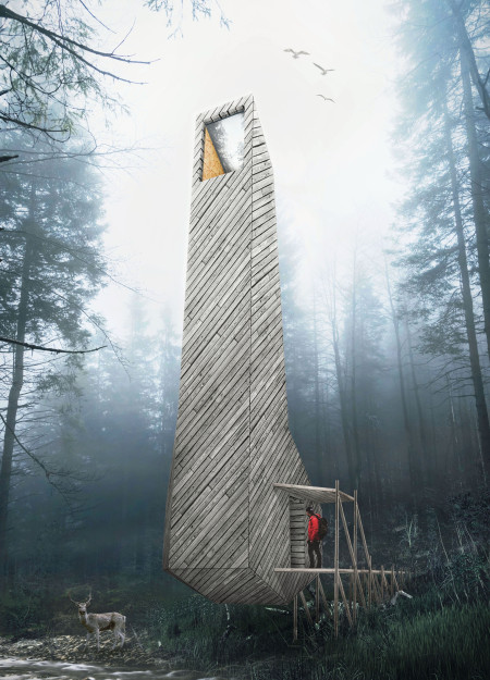 Elevated Meditation Space Enhanced by Angular Pine Wood Structures