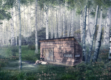 Birch-Bark Shelter with Thatch Insulation in a Forest Retreat