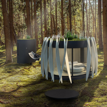Cylindrical Retreat Featuring Plywood Mask and Green Roof for Mindfulness