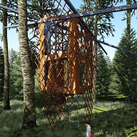 Cocoon-Like Retreat Crafted from Lattice Framework and Translucent Glass in a Forest Setting