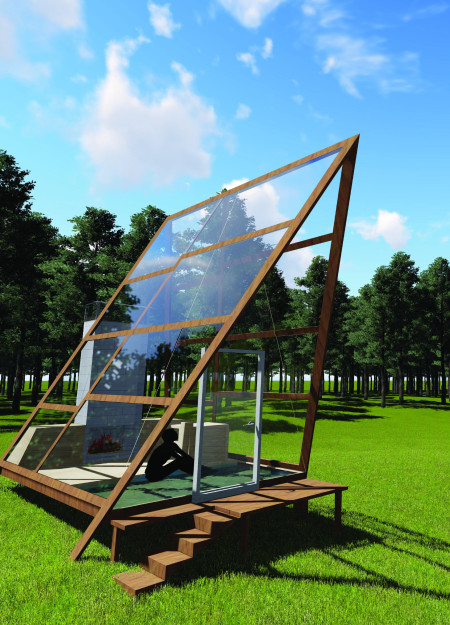 Reflective Glass Floor over Shallow Pool Anchored by Pine Wood