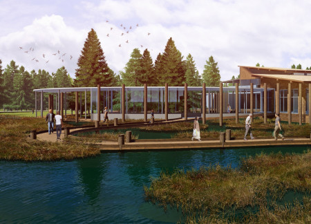 Pine Log Integration with Wooden Shingles in a Visitor Center Setting