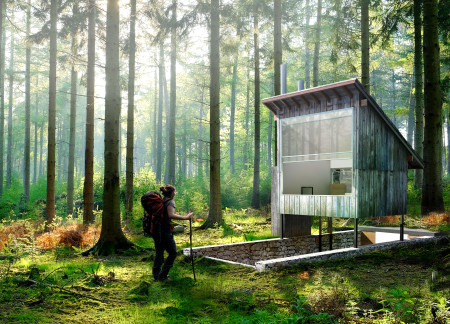 Forest Cabin Constructed with Natural Stone and Plain Concrete