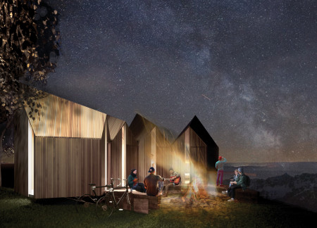 Corten Steel Cabins with Central Fire Space in a Modular Community Core