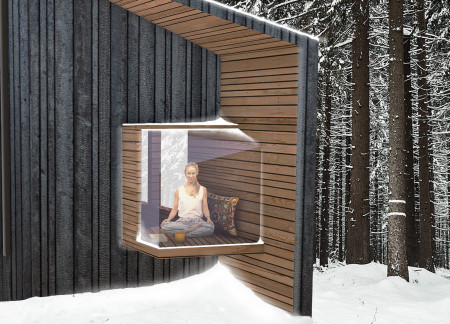 Charred Timber Shelter with Elevated Sleeping Areas in the Latvian Wilderness
