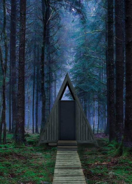 Charred Wood Structures Enhanced by Skylights for Silent Reflection