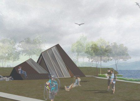 Charred Wood and Polycarbonate Harmony in a Sustainable Rest Stop for Cyclists