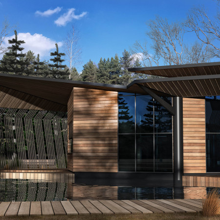 Timber Construction Surrounded by Lush Greenery and Sustainable Water Management