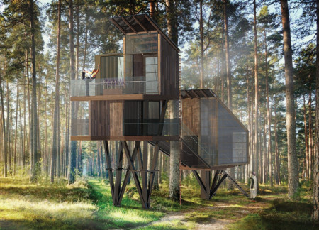 Elevated Retreat with Cedar Cladding and Transparent Facades Surrounded by Nature