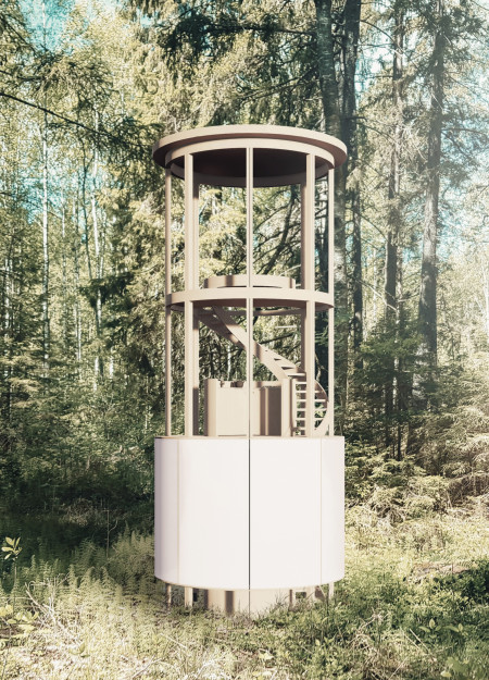 Elevated Structure Emphasizing Natural Wood and Rainwater Harvesting for Mindful Reflection