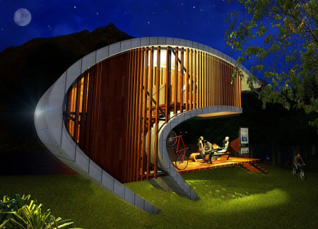 Cantilevered Structure with Stainless Steel and Wooden Facade for Cyclists' Community Space