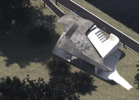 Levitated Structure with Frosted Glass and Integrated Bike Amenities