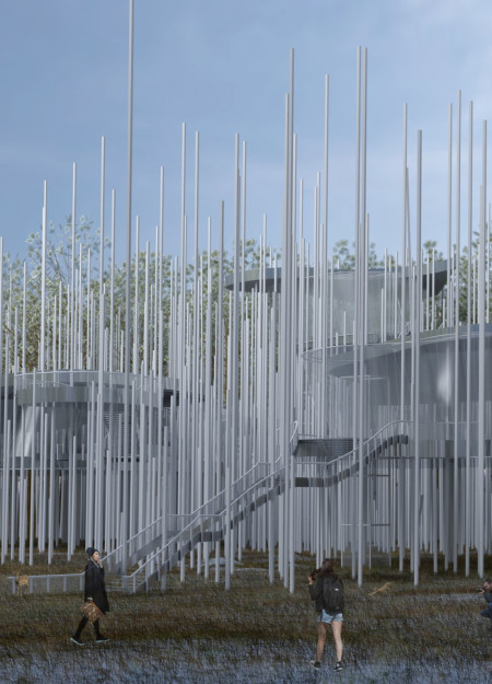 Reflective Metal Canopies over Elevated Play Platforms in a Forest Setting